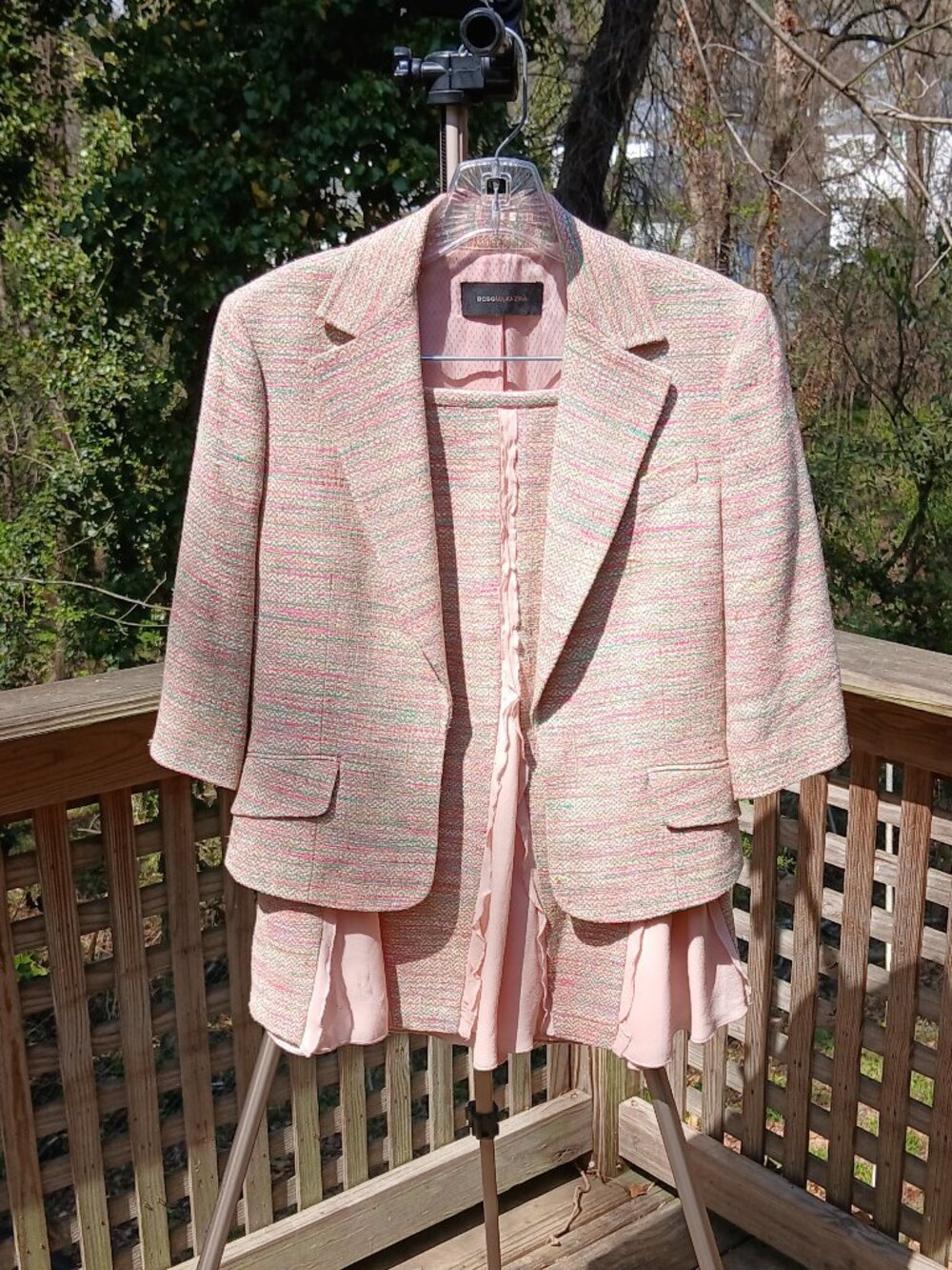 Vintage Y2K Pink Multi-Pastel Tweed Blazer Chevron Cut Chiffon Panel Skirt Set